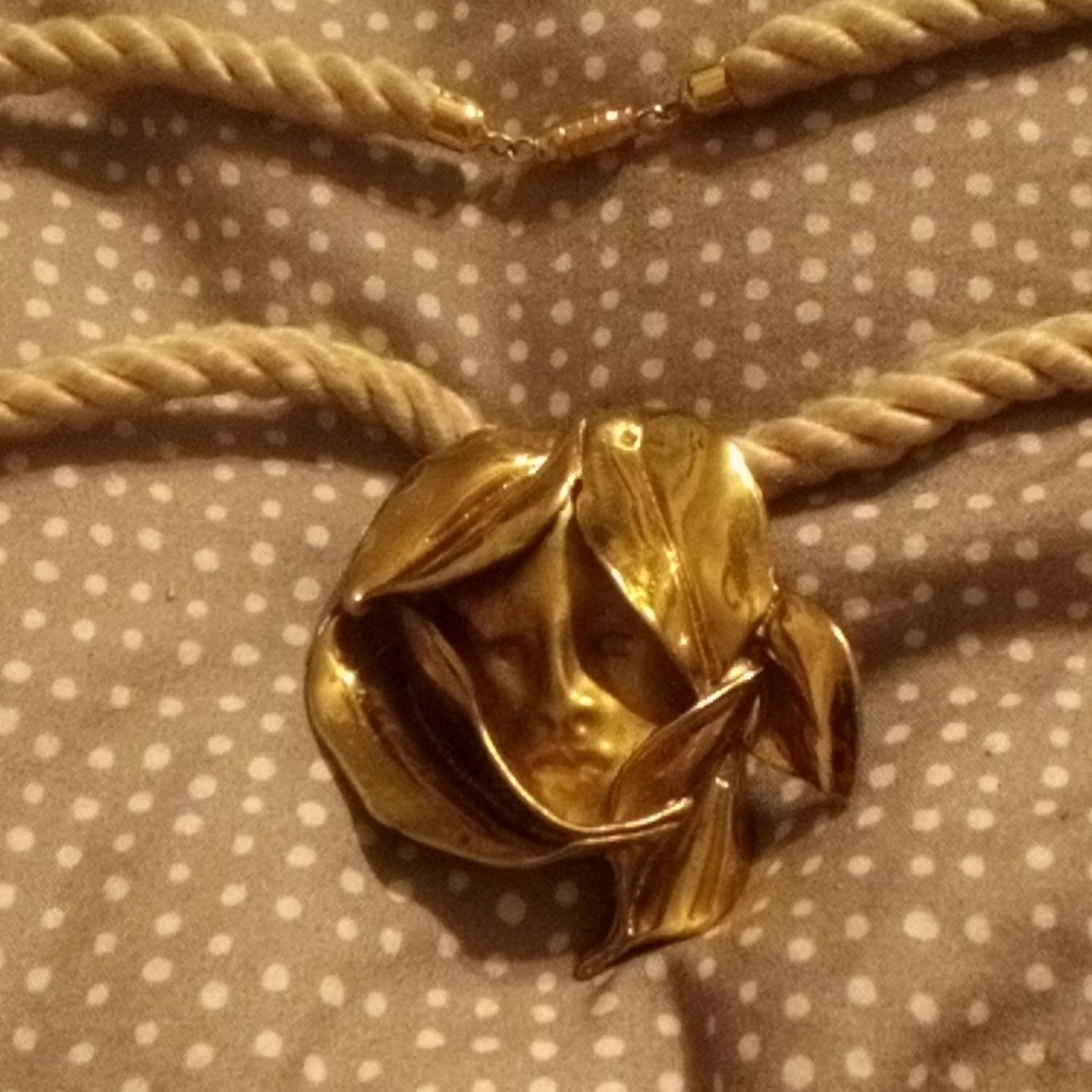 Large gold face pendant necklace, Accessocraft NYC Cathy Gins face necklace